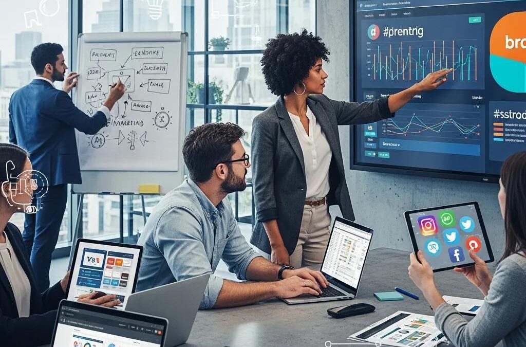 Diverse professionals collaborating in a modern office, showcasing digital marketing tools and teamwork