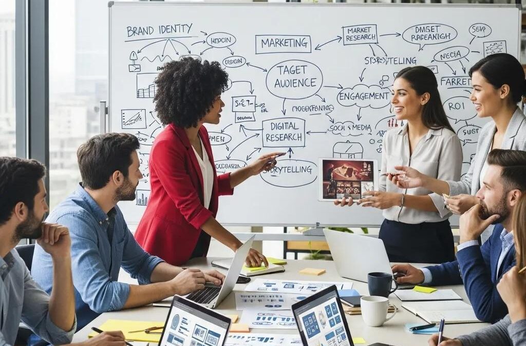 Diverse professionals collaborating on innovative brand marketing strategies in a modern office