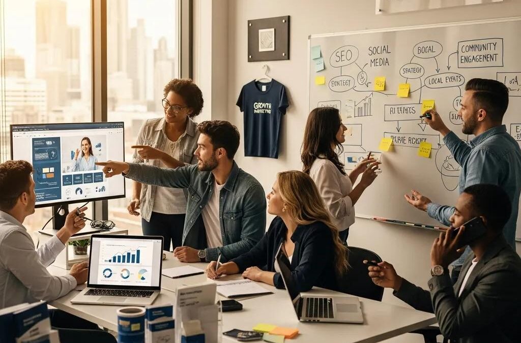 Local marketing agency team collaborating on digital marketing strategies in a modern office