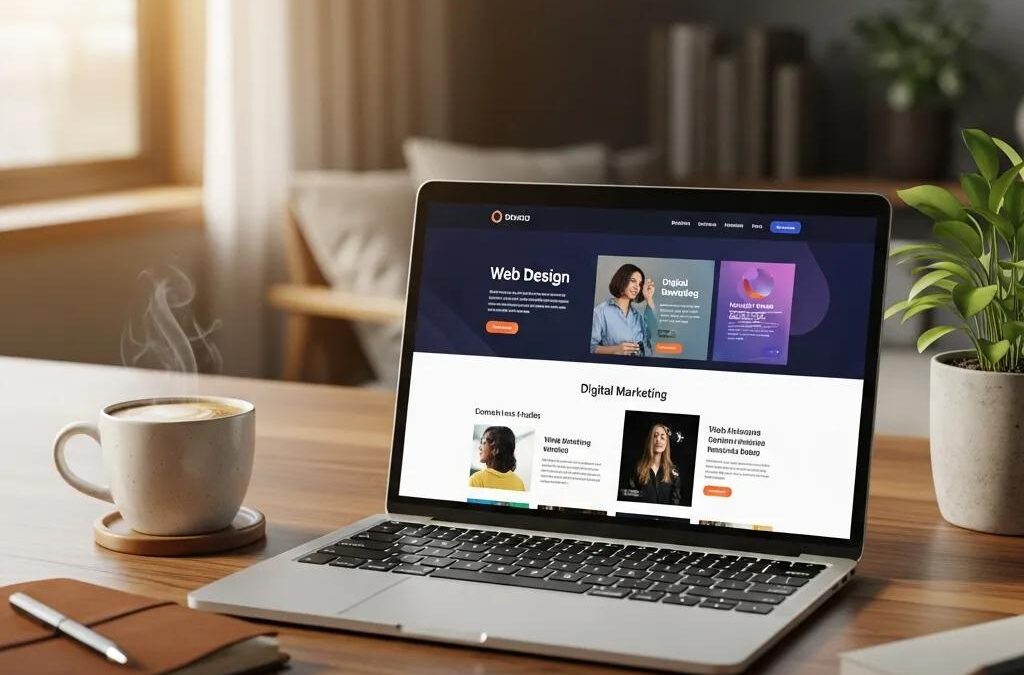 Modern custom website design displayed on a laptop in a cozy workspace