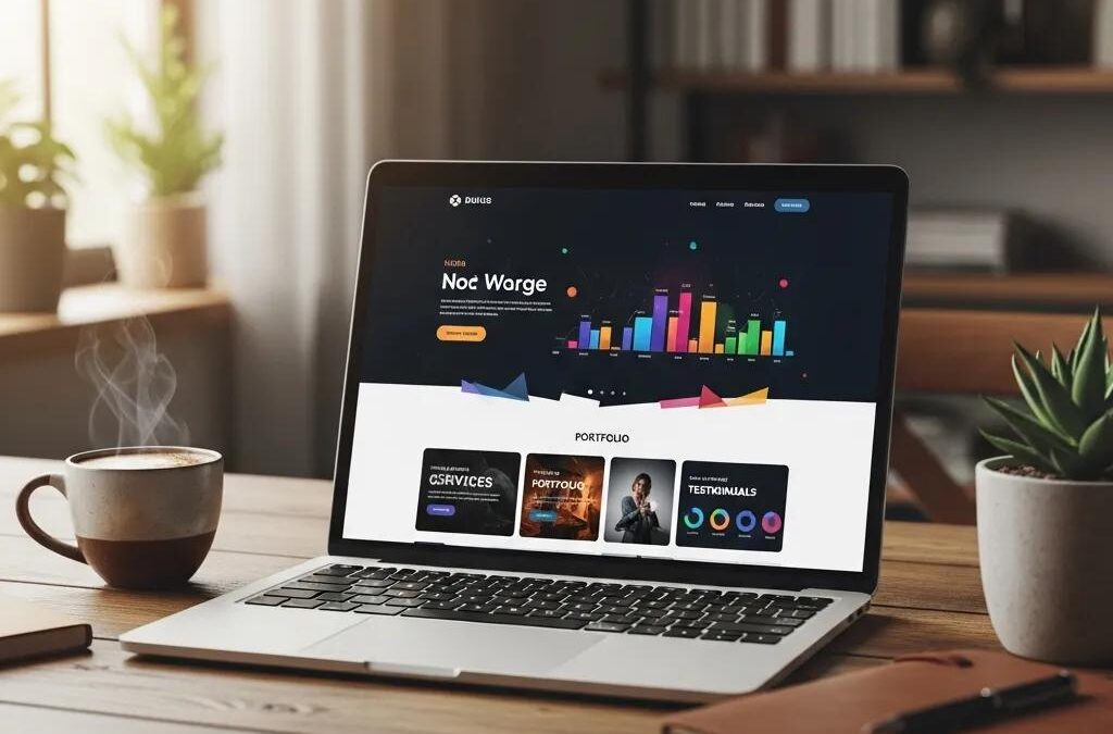 Modern website design displayed on a laptop in a cozy workspace, symbolizing expert web design services