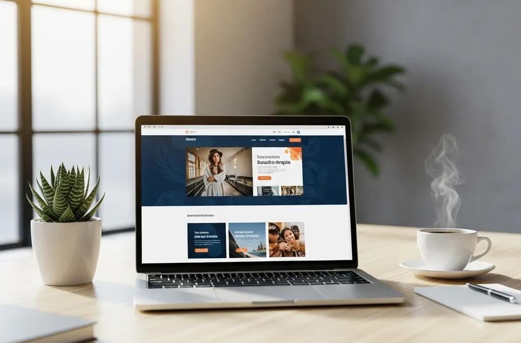 Professional workspace with a laptop showcasing a well-designed website, symbolizing the importance of web design for businesses