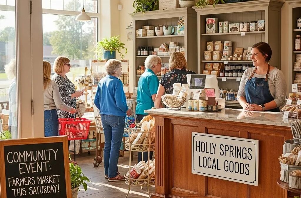 Small business owner engaging with customers in a local shop in Holly Springs, NC, emphasizing community and local SEO