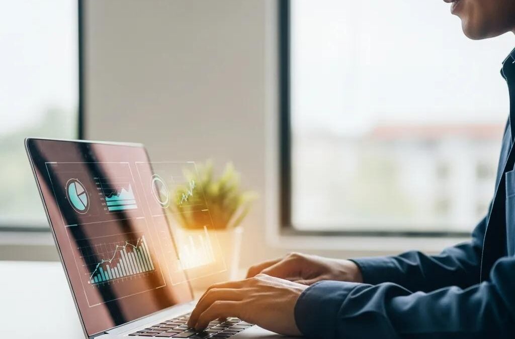 Small business owner utilizing AI tools for growth in a modern office